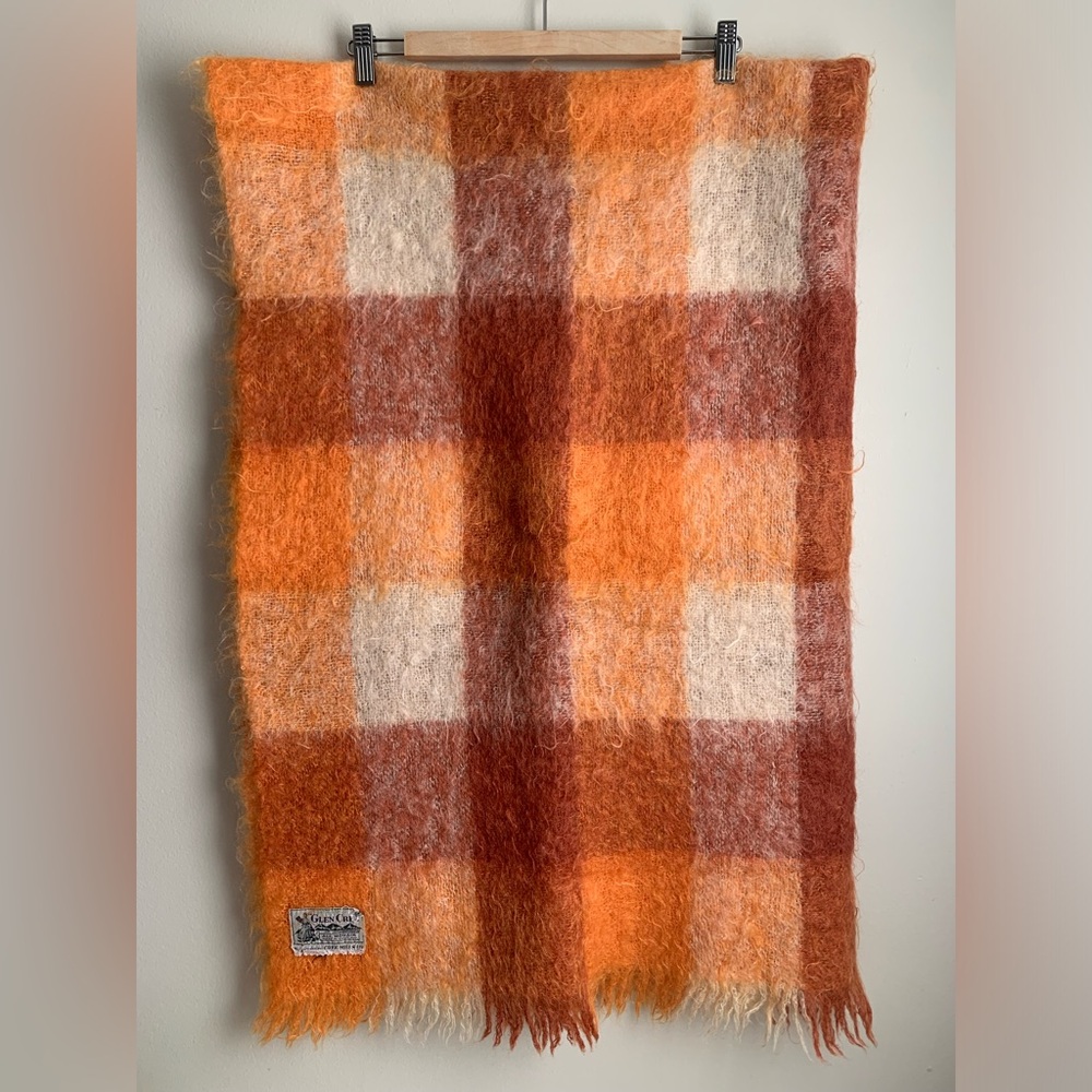 Vintage Glen Cree Mohair Plaid Throw Blanket Orange Brown 66”x43”